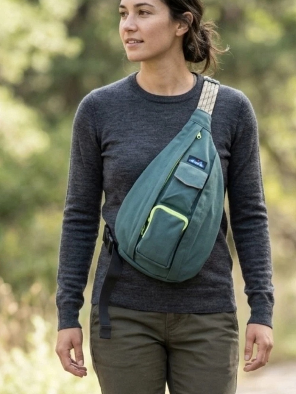 Kavu Rope Bag Canvas Strap Sling Green Crossbody Backpack Travel 4-Pocket Zip